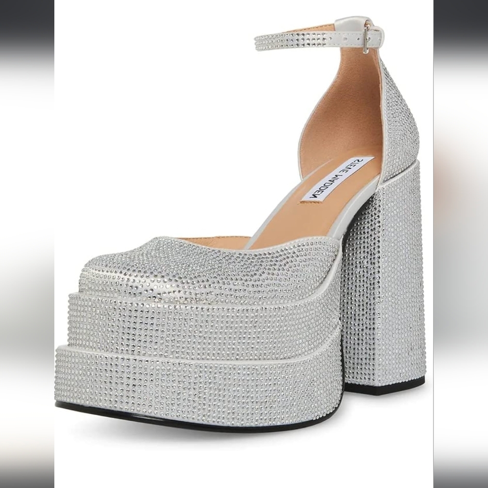 Steve Madden Silver Rhinestone Charlize Platform Chunk Heels Size 7.5